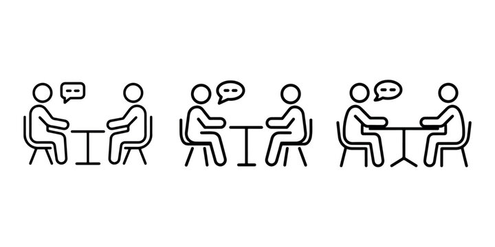 Two people talking at table with speech bubbles, business meeting icon