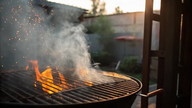 Burning grill with sparks and smoky fog frame concept. Flames dance amidst smoke, creating a captivating visual of outdoor cooking.