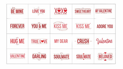 Collection of Romantic Valentine's Day typographic phrases for cards, invitations, and decorations, featuring charming sentiments and heartfelt expressions of love