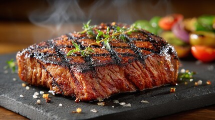 A modern barbecue steak rests on a graphite board, giving off steam in a casual outdoor setting. Grilled to perfection, this dish is ready to enjoy