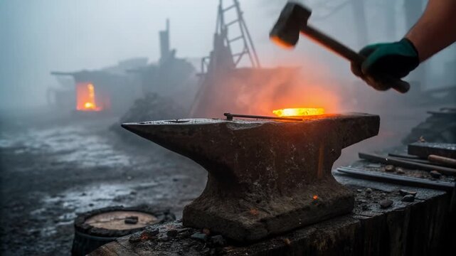 Burning grill with sparks and smoky fog frame concept. An anvil with molten metal glowing in a misty environment.