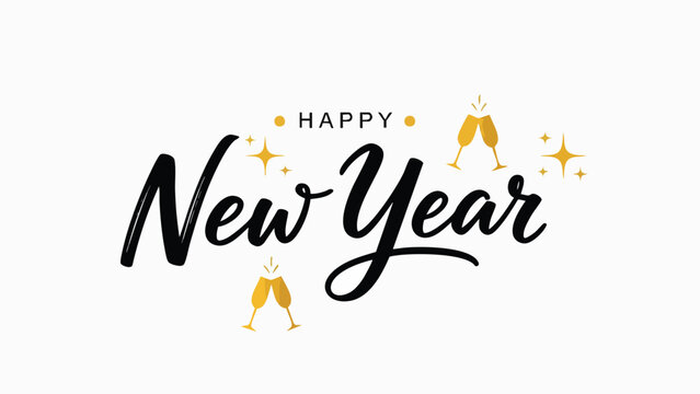 Golden happy new year with champagne glasses and sparkles, celebratory greeting for the festive season and end of the year - Powered by Adobe