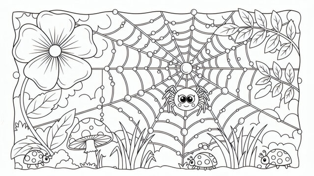 A cute spider sits on its web surrounded by garden elements.