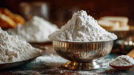 A silver bowl holds a mound of white flour on a wooden table. Flour dust is scattered around with other baking materials visible in a kitchen setting