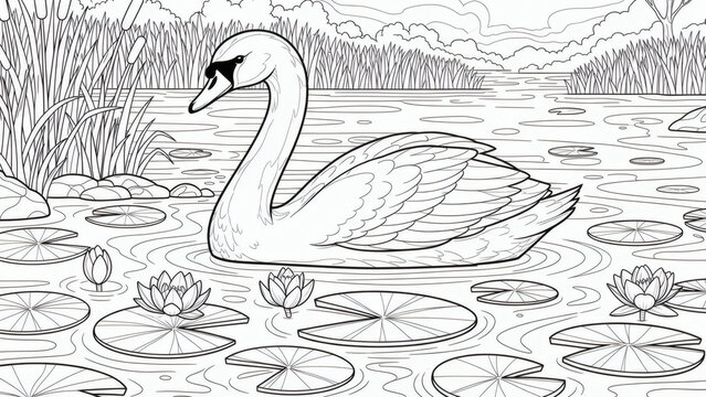 A elegant swan glides gracefully among lily pads on a pond.