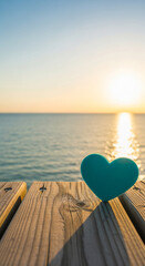 Fototapeta premium Teal heart on a wooden pier with ocean and sunrise view, representing love, peace, and vacation at sea, perfect for romantic getaway themes