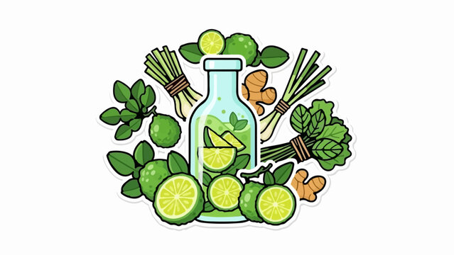 A refreshing assortment of citrus and herbs in a stylized bottle