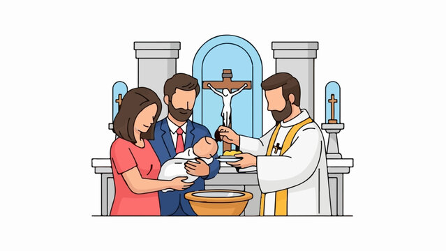 A religious ceremony where a priest baptizes a baby held by parents