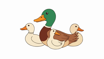 Obraz premium A mallard drake and three ducklings, rendered in a flat, cartoon style