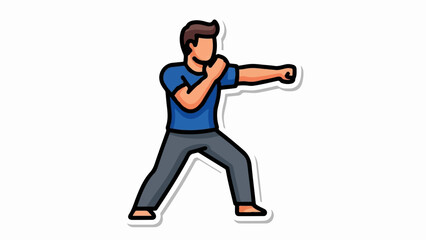 A man in a blue shirt and gray pants practices a martial arts stance