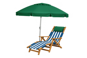 Green beach umbrella shading a comfortable wooden and blue fabric lounge chair for summer relaxation