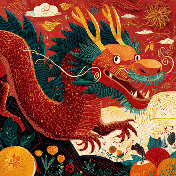 Traditional Chinese dragon illustration with festive elements. Can be use for Lunar New year celebration