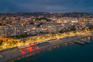 Aerial view of the Cannes at night, Cote d'Azur, southern France