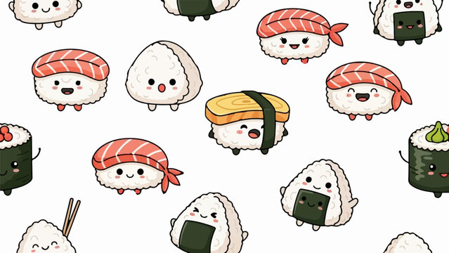 A playful collection of happy sushi and onigiri characters smiling on a white background