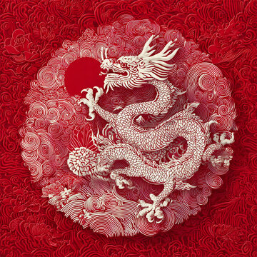 Elegant Chinese dragon sculpture on red background. Lunar New year celebration