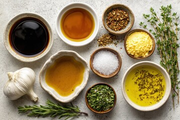 Different ingredients for cooking are arranged on a light surface. Bowls contain oil, vinegar, spices, and fresh herbs, ready for preparation