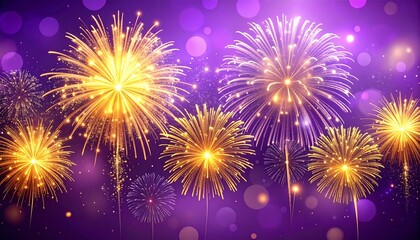 A vibrant display of golden fireworks illuminates a dark purple night sky creating a spectacular and dazzling celebration