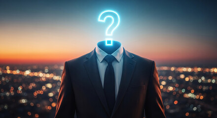 Headless figure in dark business suit with glowing question mark above the collar against city lights, representing uncertainty, question or problem