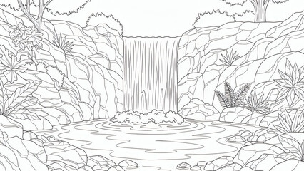 A magnificent waterfall cascading into a rocky pool surrounded by lush foliage.