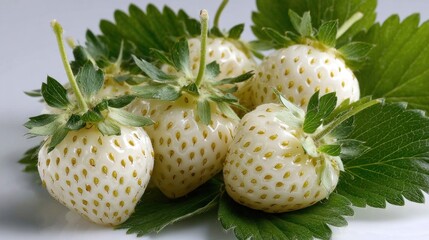 A group of fresh strawberries with green leaves sits on a white surface in a bright kitchen. The strawberries are still developing without any red color