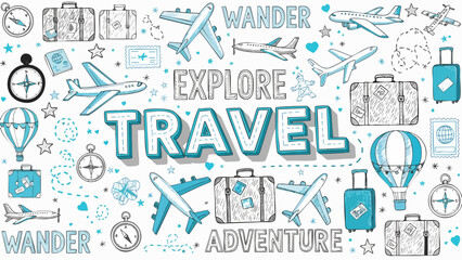 Fototapeta premium Hand-drawn travel concept with various vacation elements like airplanes, suitcases, and exploration doodles on a white background, representing adventure and wanderlust for global journeys