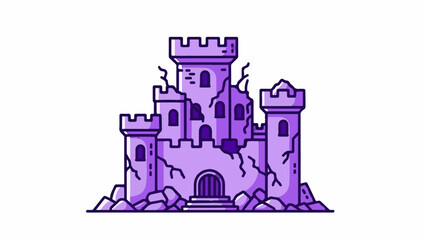 Fototapeta premium A ruined, ancient, purple castle vector illustration with multiple towers and cracks, on a white background