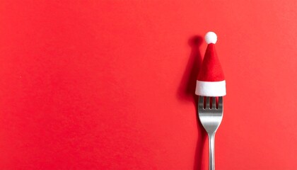 A whimsical scene of a miniature santa hat playfully perched atop a silver fork against a vibrant red backdrop