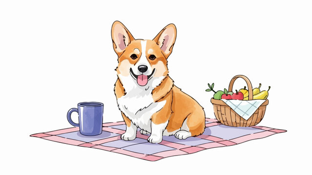 A happy corgi sits on a checkered blanket with a mug and fruit basket