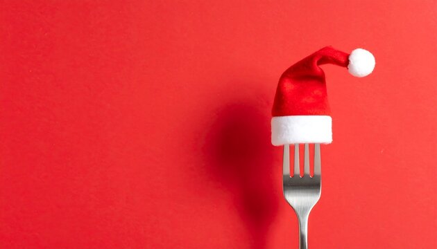 A playful still life featuring a miniature santa hat impaled on a silver fork against a vibrant red background christmas