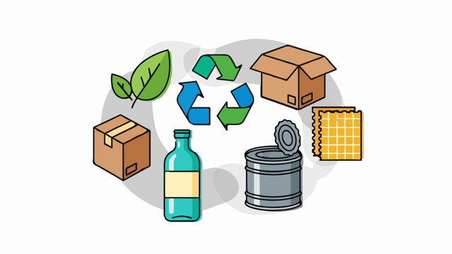 A recycling symbol with assorted recyclable items including boxes, a bottle, a can, and leaves