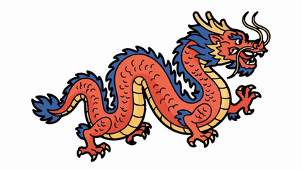 Obraz premium A red and yellow dragon with blue accents, with horns and whiskers, depicted in a serpentine pose