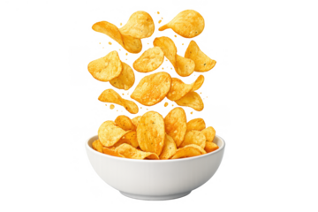 Potato chips falling into a white bowl, crispy snack for party, junk food, transparent background