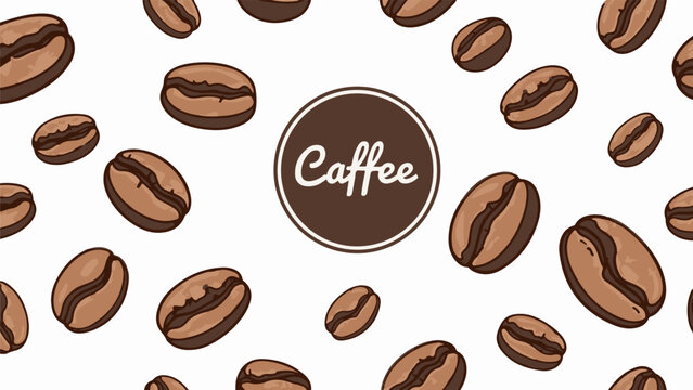 A seamless pattern of brown coffee beans scattered on a white background with a central circle