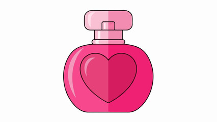 A pink, heart-shaped perfume bottle with a matching cap and a stylized heart on its body