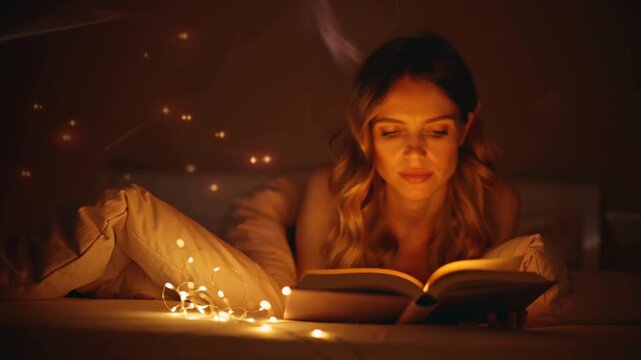 Cinematic 4K footage woman reading a book bed at night, warm ambient bedroom lighting, magical glowing light book pages, floating luminous particles focus background, cozy blankets, ethereal fantasy