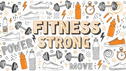 Empowering fitness and strength with dynamic workout equipment, motivational slogans, and athletic footwear, promoting an active lifestyle and personal achievement through dedicated exercise