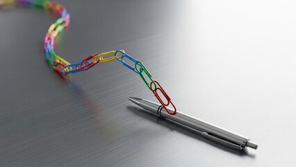 Chain of colorful paper clips linked together, connected to a sleek silver pen on a reflective metallic surface