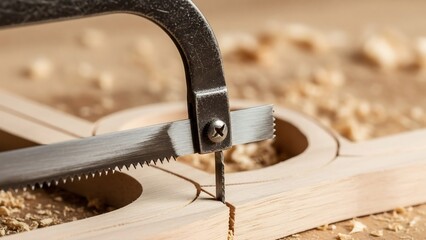 Close-animated movie on a metal coping saw blade with sharp teeth cutting through a light-colored wooden surface, creating sawdust.