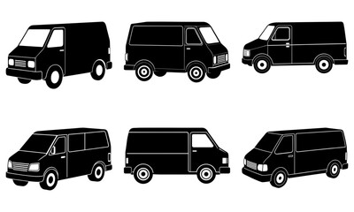 Fototapeta premium Six Black Delivery Vans Silhouettes on White Background truck 2