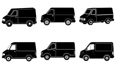 Fototapeta premium Six Black Delivery Vans in Different Angles on White Background black van transportation