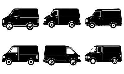 Fototapeta premium Six Black Delivery Vans Silhouettes on White Background truck