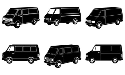 Fototapeta premium Six Black Vintage Vans Silhouettes on White Background transportation vehicle