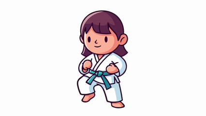 A cute cartoon child in a karate uniform with a green belt stands ready