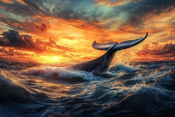 Fototapeta premium Whale breaches the surface against a vibrant sunset sky in the ocean