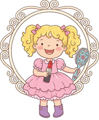 Obraz premium Cute child, curly blonde hair, pink dress, lipstick, mirror, ornate circular frame, playful makeup, smiling girl, bows, heart boots