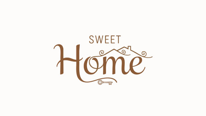 Stylish and warm 'Sweet Home' logotype, blending elegant handwritten script with an integrated house roofline and a vintage key icon, perfect for real estate, residential, or cozy home branding