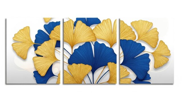 A striking triptych wall art piece showcases overlapping ginkgo leaves in deep blue and rich gold hues against a white backdrop