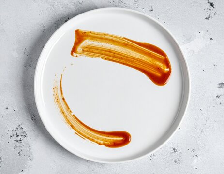 Empty plate with abstract orange sauce smear, top view, food concept