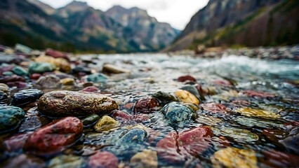 Vibrant, wet river stones glisten in crystal-clear flowing water, captured from an extreme low angle with a serene mountain valley landscape in the soft background