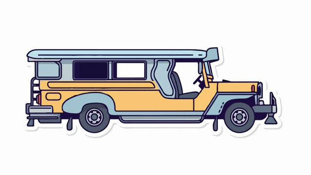 A colorful, stylized illustration of a passenger jeepney with light blue and yellow coloring